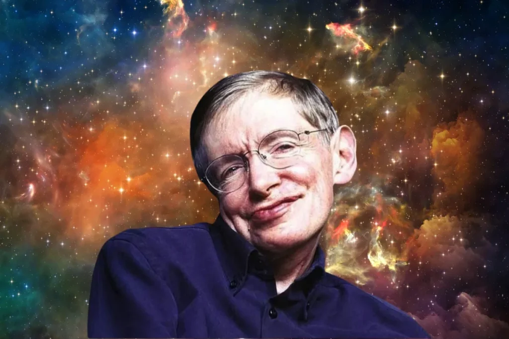 Stephen Hawkin con un fondo de una galaxia